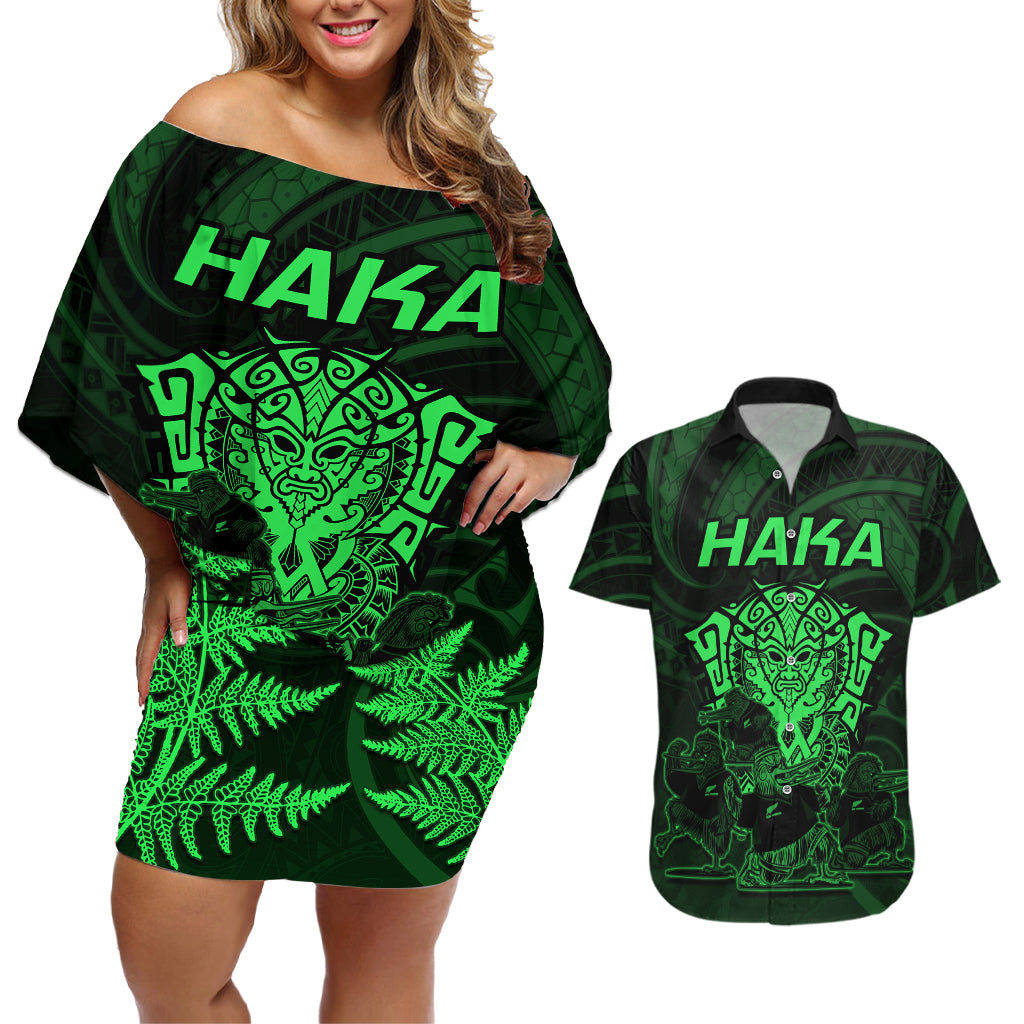 Personalised New Zealand Rugby Couples Matching Off Shoulder Short Dress and Hawaiian Shirt Aotearoa Ka Mate Haka All Black Mix Ta Moko Green Style LT9 Green - Polynesian Pride