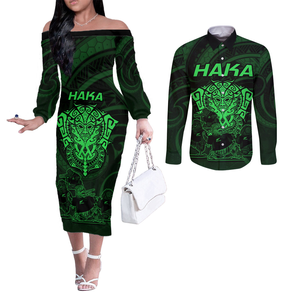 Personalised New Zealand Rugby Couples Matching Off The Shoulder Long Sleeve Dress and Long Sleeve Button Shirts Aotearoa Ka Mate Haka All Black Mix Ta Moko Green Style LT9 Green - Polynesian Pride