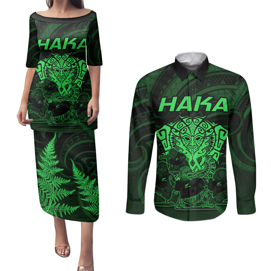 Personalised New Zealand Rugby Couples Matching Puletasi Dress and Long Sleeve Button Shirts Aotearoa Ka Mate Haka All Black Mix Ta Moko Green Style LT9 Green - Polynesian Pride