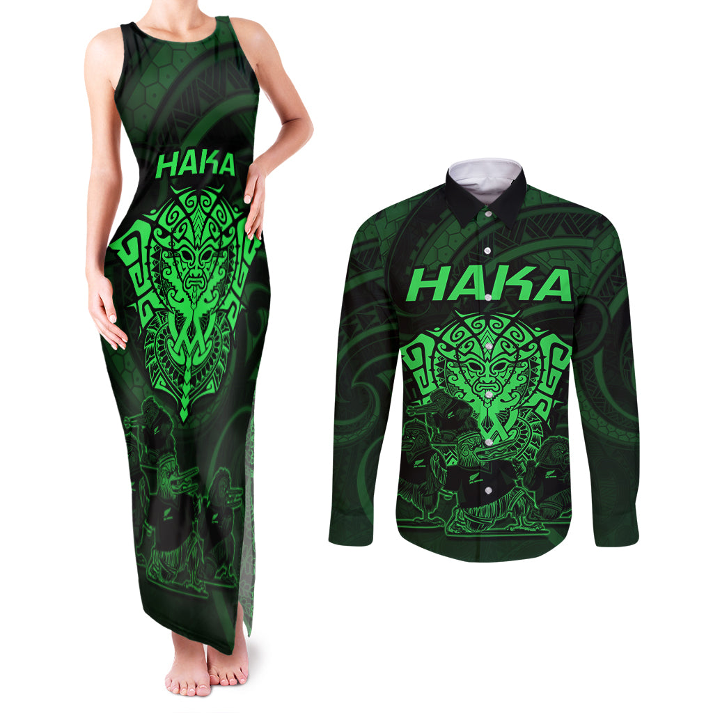 Personalised New Zealand Rugby Couples Matching Tank Maxi Dress and Long Sleeve Button Shirts Aotearoa Ka Mate Haka All Black Mix Ta Moko Green Style LT9 Green - Polynesian Pride