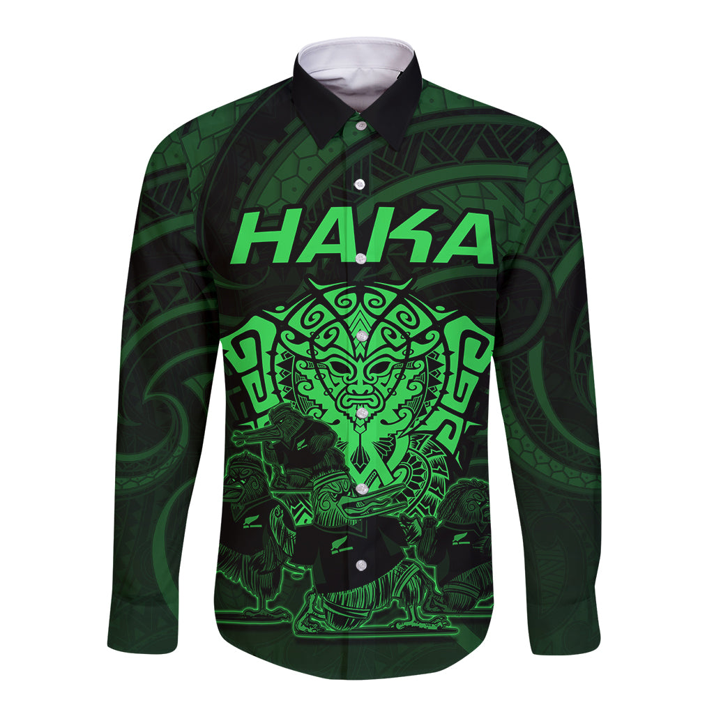 Personalised New Zealand Rugby Long Sleeve Button Shirt Aotearoa Ka Mate Haka All Black Mix Ta Moko Green Style LT9 Unisex Green - Polynesian Pride