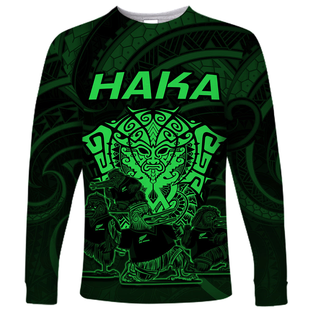 Personalised New Zealand Rugby Long Sleeve Shirt Aotearoa Ka Mate Haka All Black Mix Ta Moko Green Style LT9 Unisex Green - Polynesian Pride