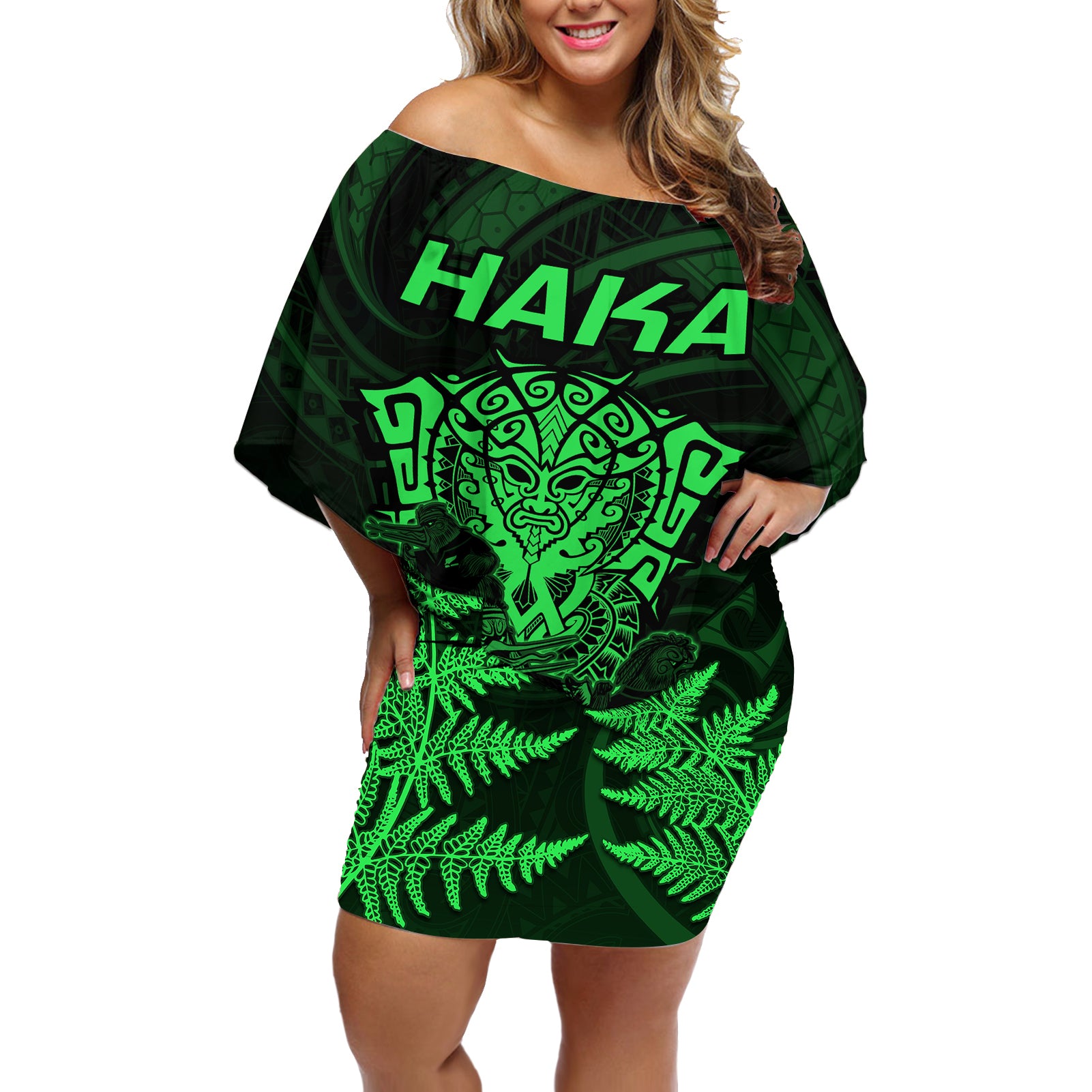 Personalised New Zealand Rugby Off Shoulder Short Dress Aotearoa Ka Mate Haka All Black Mix Ta Moko Green Style LT9 Women Green - Polynesian Pride