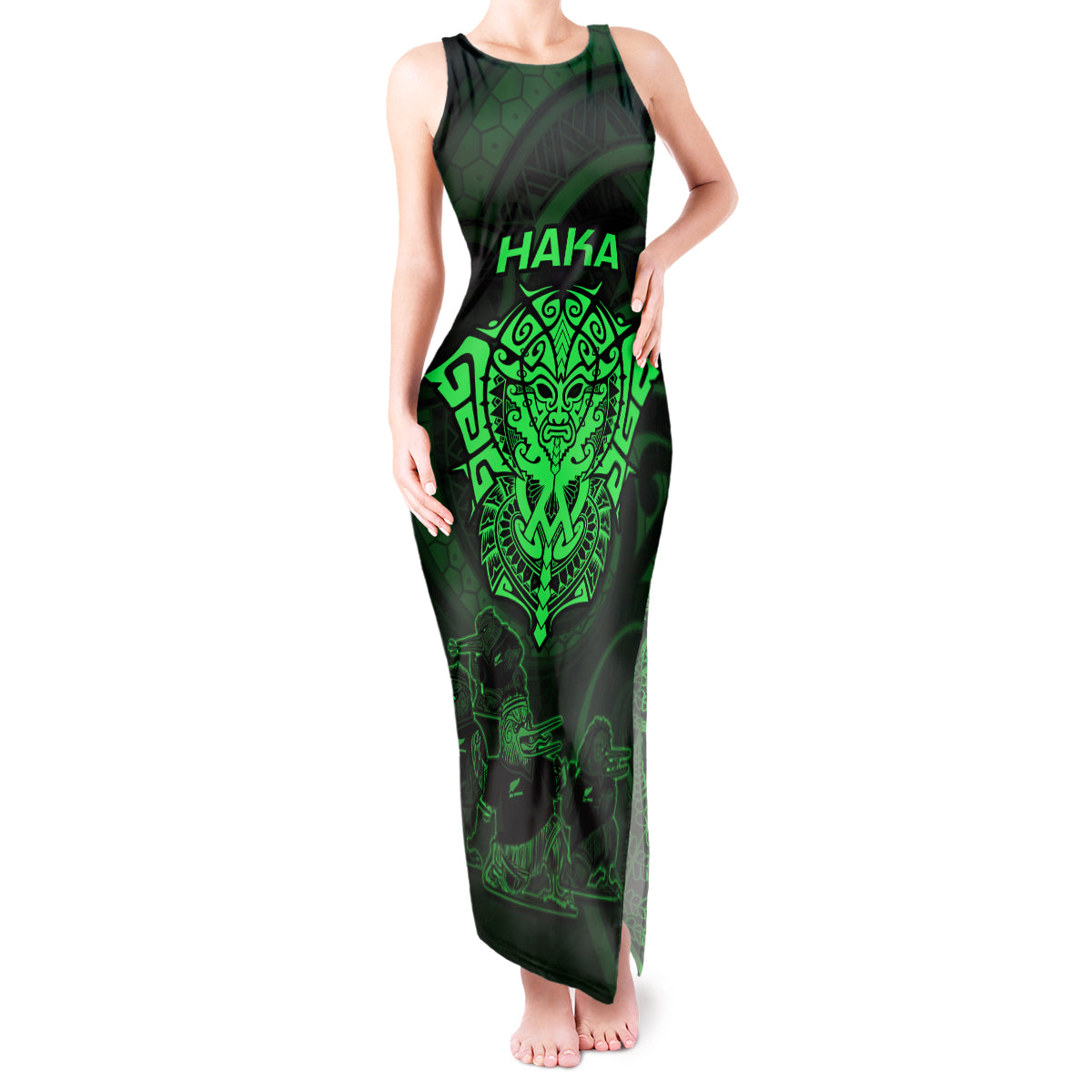 Personalised New Zealand Rugby Tank Maxi Dress Aotearoa Ka Mate Haka All Black Mix Ta Moko Green Style LT9 Women Green - Polynesian Pride