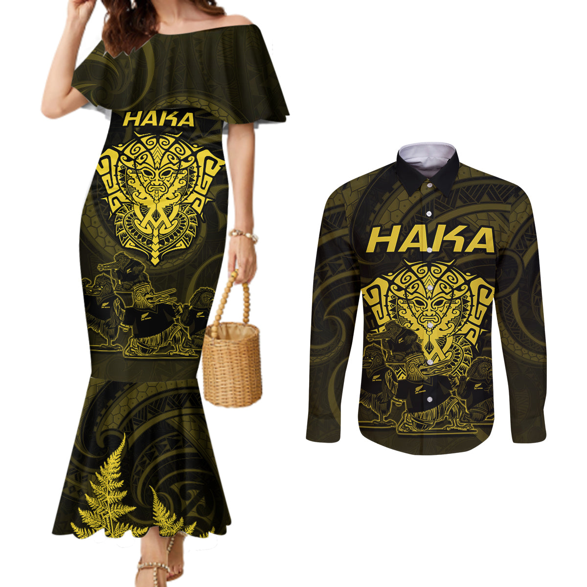 Personalised New Zealand Rugby Couples Matching Mermaid Dress and Long Sleeve Button Shirts Aotearoa Ka Mate Haka All Black Mix Ta Moko Gold Style LT9 Gold - Polynesian Pride