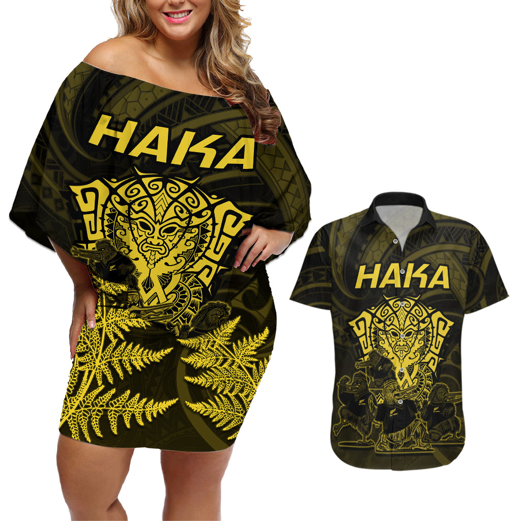 Personalised New Zealand Rugby Couples Matching Off Shoulder Short Dress and Hawaiian Shirt Aotearoa Ka Mate Haka All Black Mix Ta Moko Gold Style LT9 Gold - Polynesian Pride