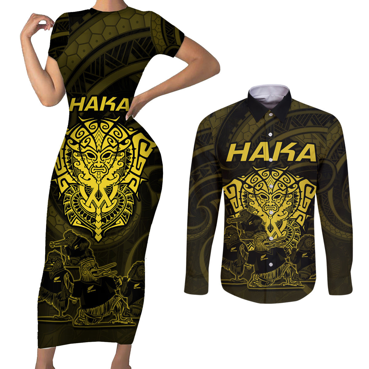 Personalised New Zealand Rugby Couples Matching Short Sleeve Bodycon Dress and Long Sleeve Button Shirts Aotearoa Ka Mate Haka All Black Mix Ta Moko Gold Style LT9 Gold - Polynesian Pride