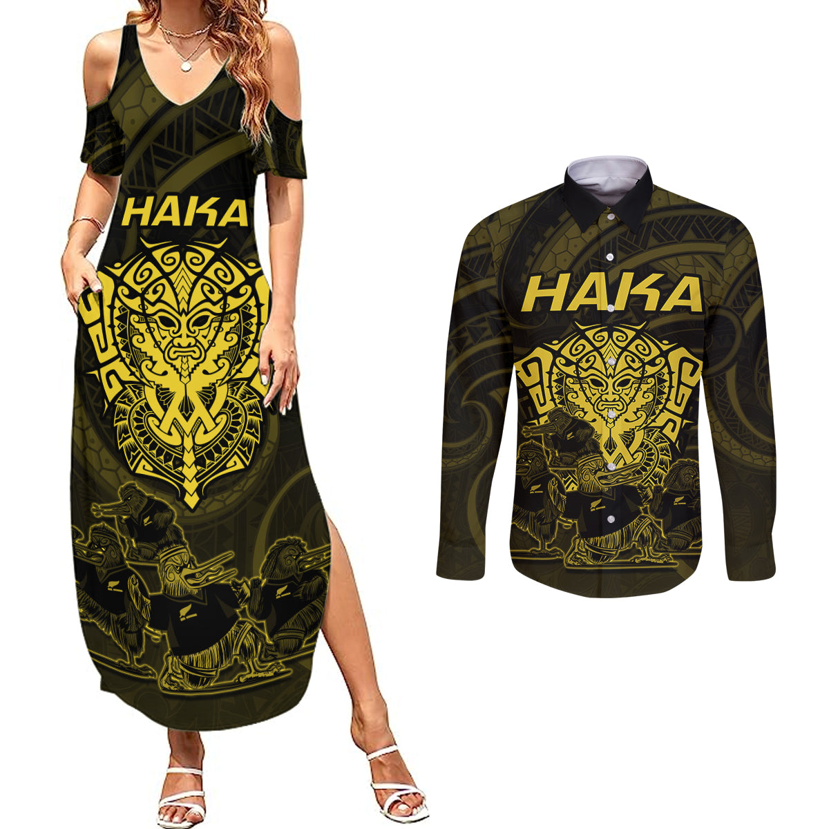 Personalised New Zealand Rugby Couples Matching Summer Maxi Dress and Long Sleeve Button Shirts Aotearoa Ka Mate Haka All Black Mix Ta Moko Gold Style LT9 Gold - Polynesian Pride