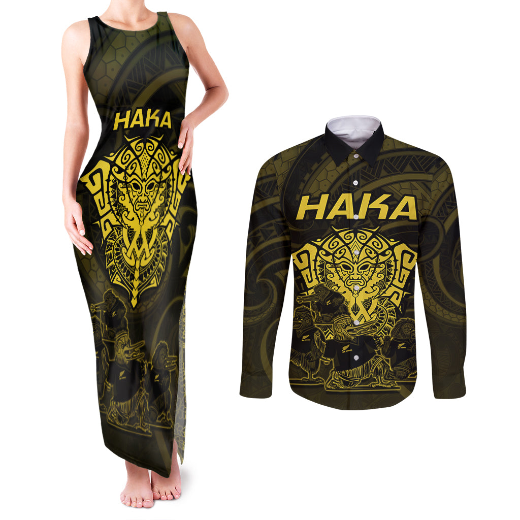 Personalised New Zealand Rugby Couples Matching Tank Maxi Dress and Long Sleeve Button Shirts Aotearoa Ka Mate Haka All Black Mix Ta Moko Gold Style LT9 Gold - Polynesian Pride