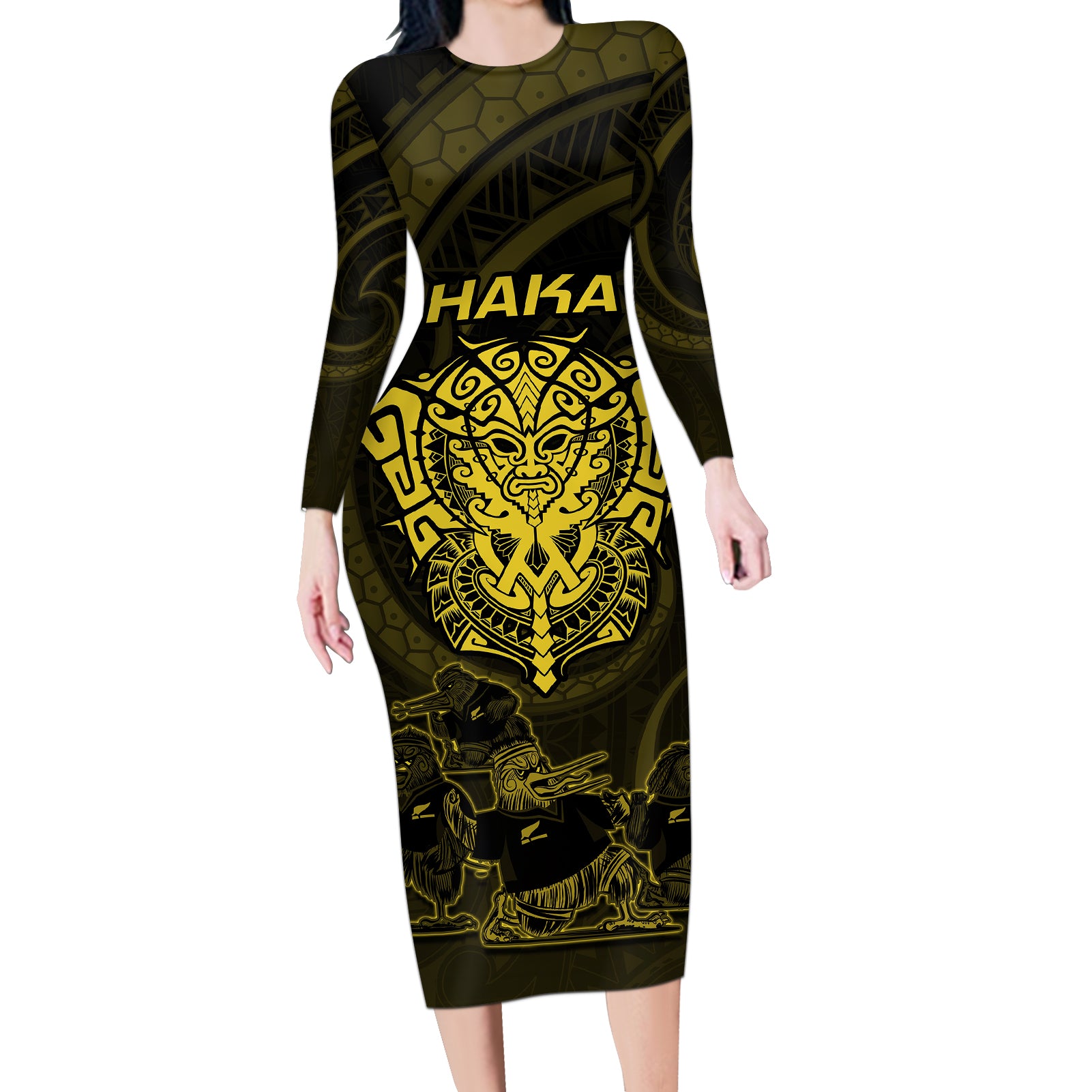 Personalised New Zealand Rugby Long Sleeve Bodycon Dress Aotearoa Ka Mate Haka All Black Mix Ta Moko Gold Style LT9 Long Dress Gold - Polynesian Pride