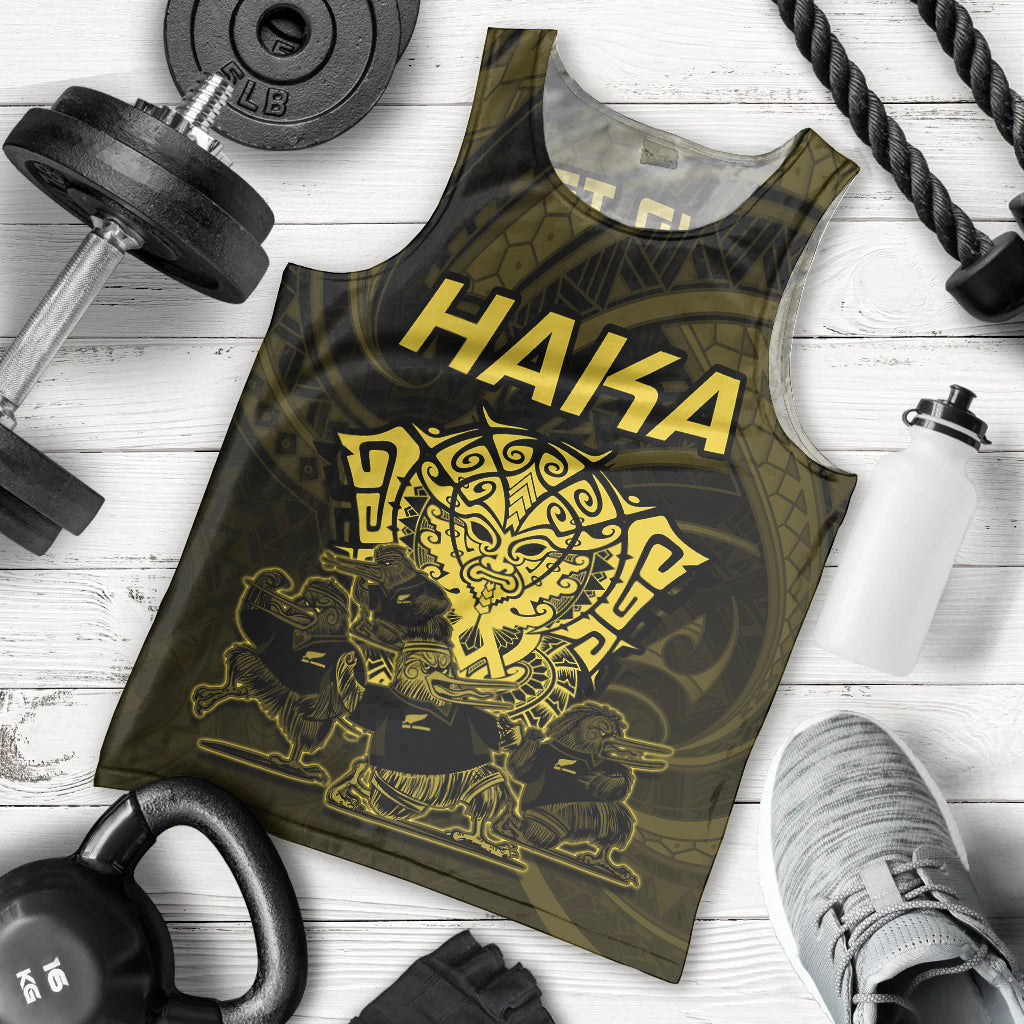 Personalised New Zealand Rugby Men Tank Top Aotearoa Ka Mate Haka All Black Mix Ta Moko Gold Style LT9 Gold - Polynesian Pride