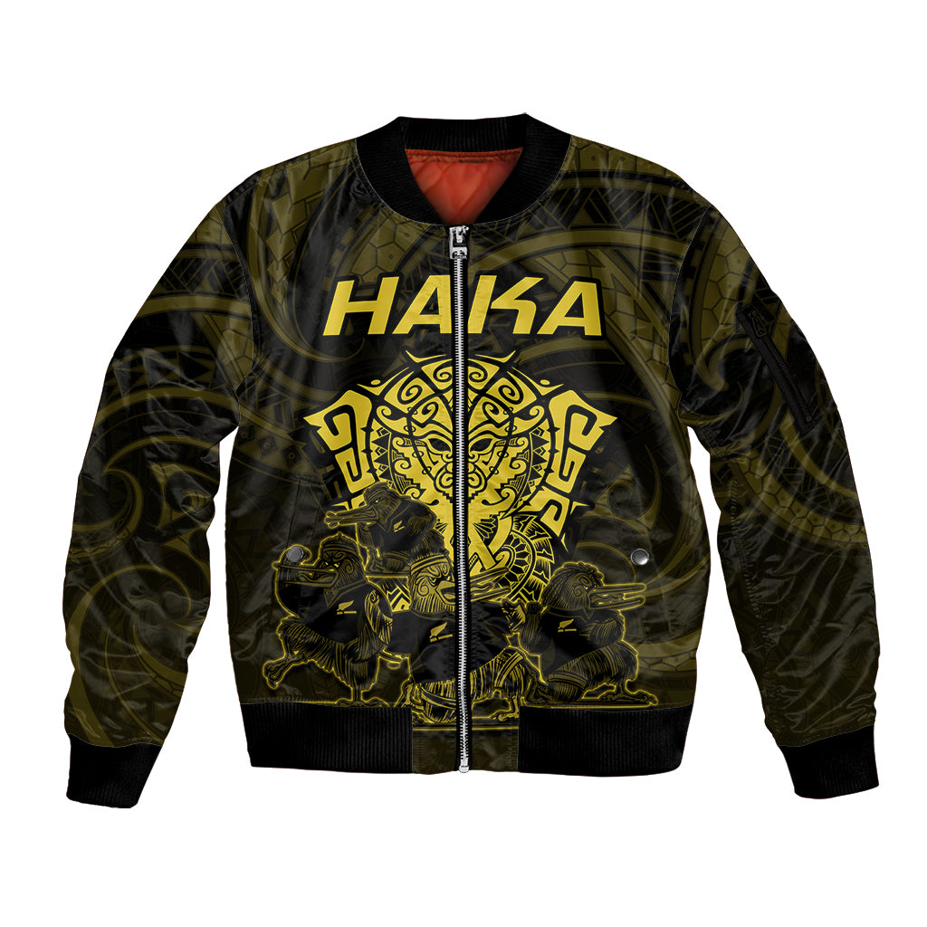 Personalised New Zealand Rugby Sleeve Zip Bomber Jacket Aotearoa Ka Mate Haka All Black Mix Ta Moko Gold Style LT9 Unisex Gold - Polynesian Pride