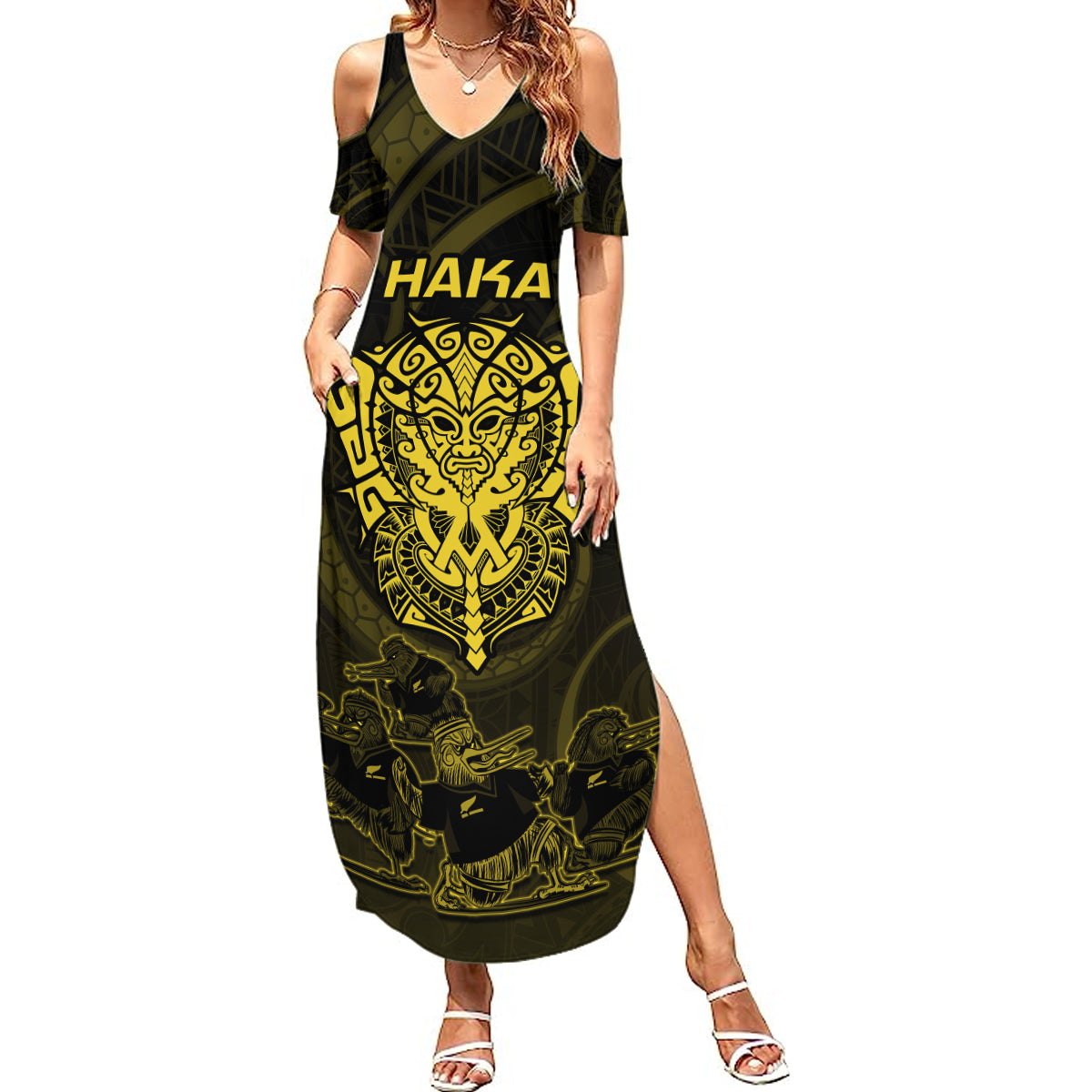 Personalised New Zealand Rugby Summer Maxi Dress Aotearoa Ka Mate Haka All Black Mix Ta Moko Gold Style LT9 Women Gold - Polynesian Pride