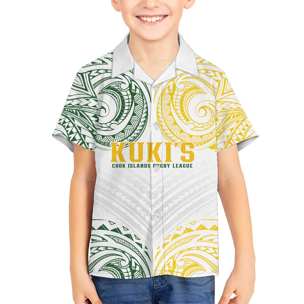 World Rugby Cook Islands Kid Hawaiian Shirt White Polynesian Tribal Pattern - Polynesian Pride