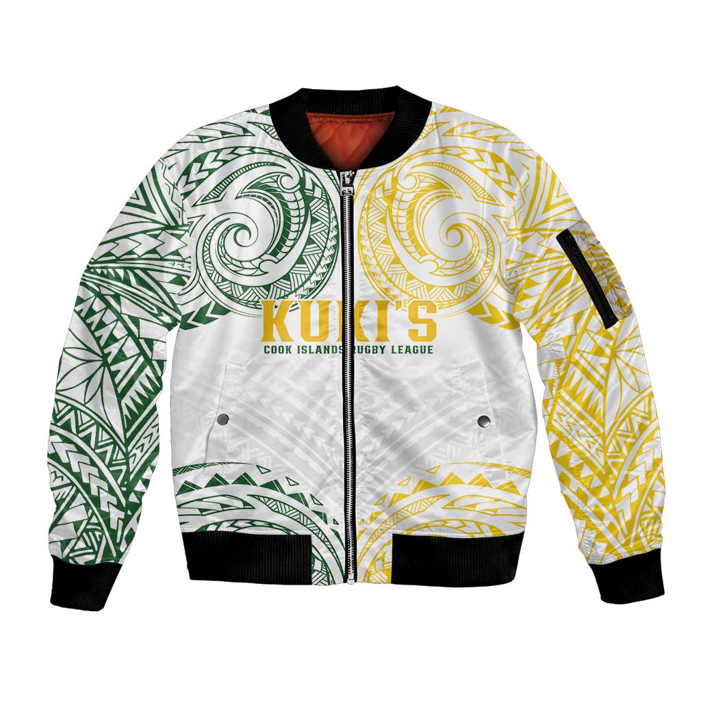 World Rugby Cook Islands Sleeve Zip Bomber Jacket White Polynesian Tribal Pattern - Polynesian Pride