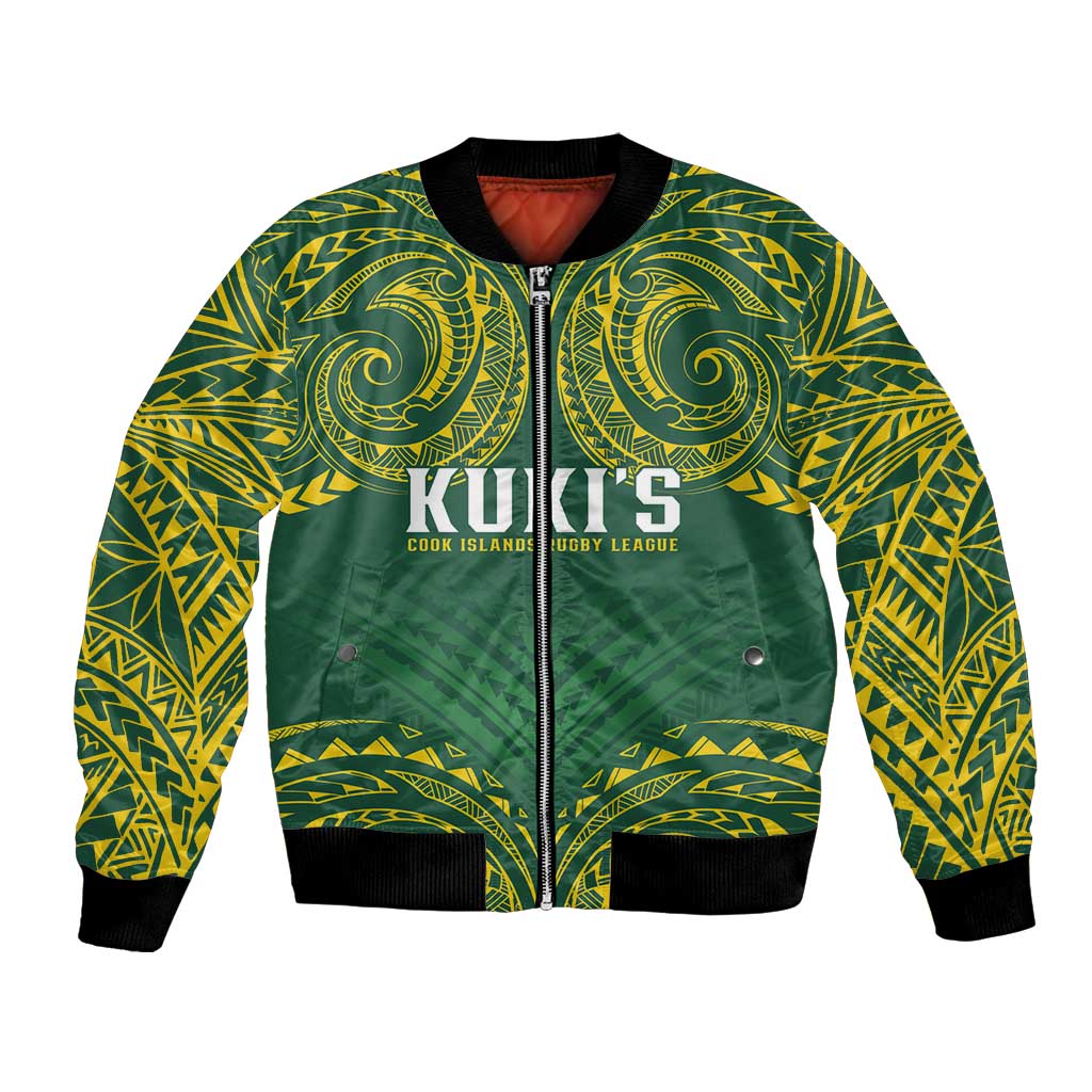 World Rugby Cook Islands Bomber Jacket Green Polynesian Tribal Pattern - Polynesian Pride