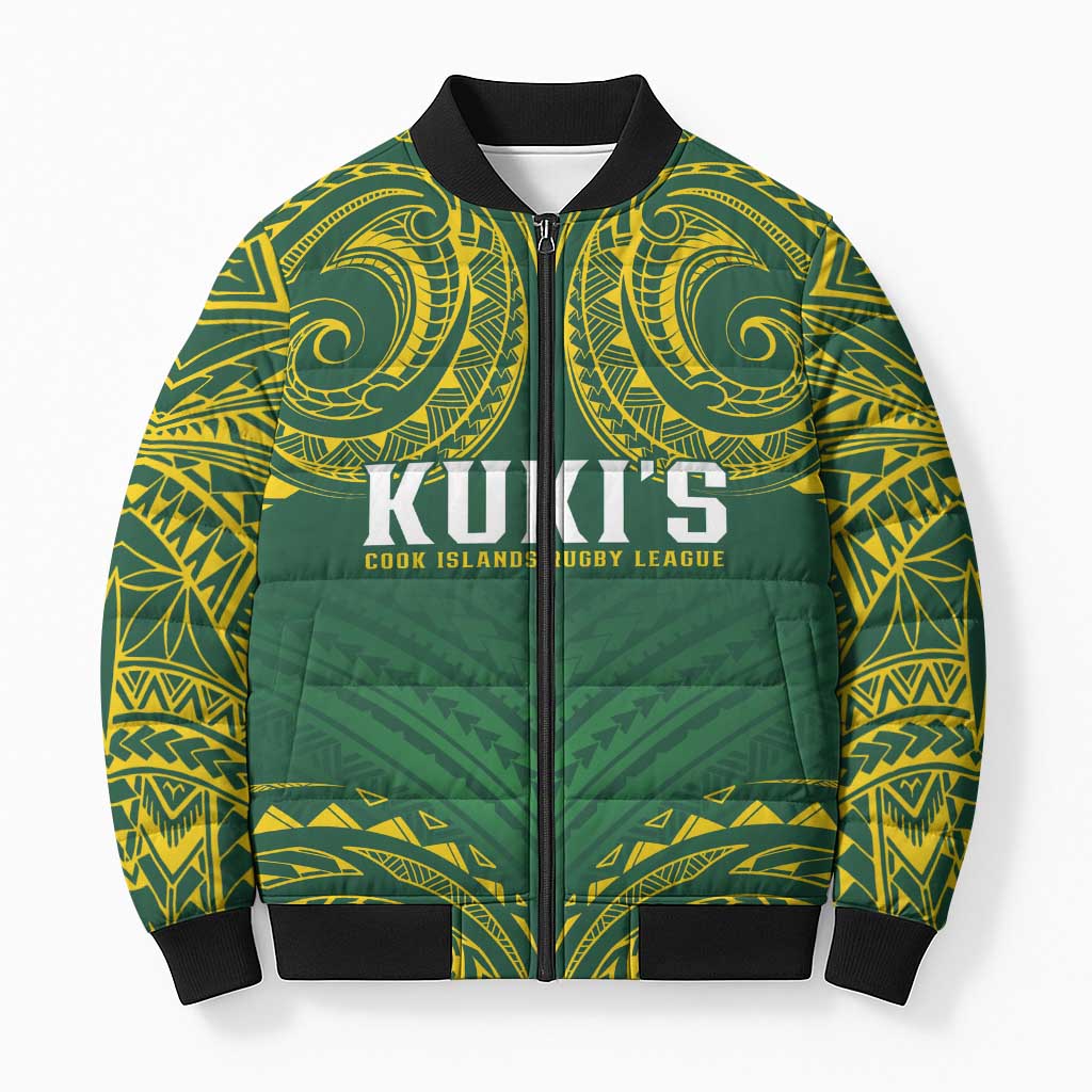 World Rugby Cook Islands Bomber Puffer Jacket Green Polynesian Tribal Pattern - Polynesian Pride