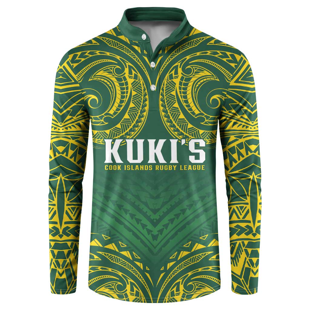World Rugby Cook Islands Button Sweatshirt Green Polynesian Tribal Pattern - Polynesian Pride