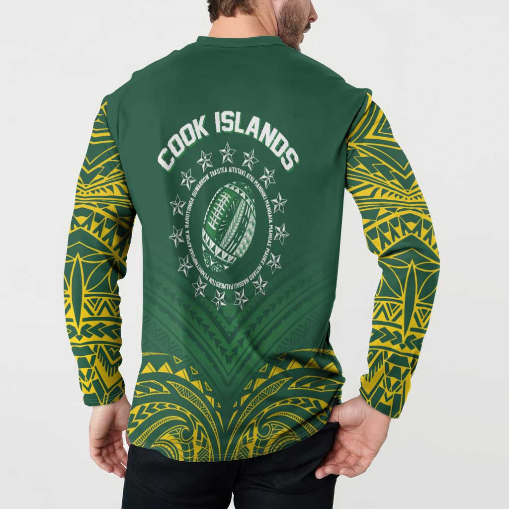 World Rugby Cook Islands Button Sweatshirt Green Polynesian Tribal Pattern - Polynesian Pride