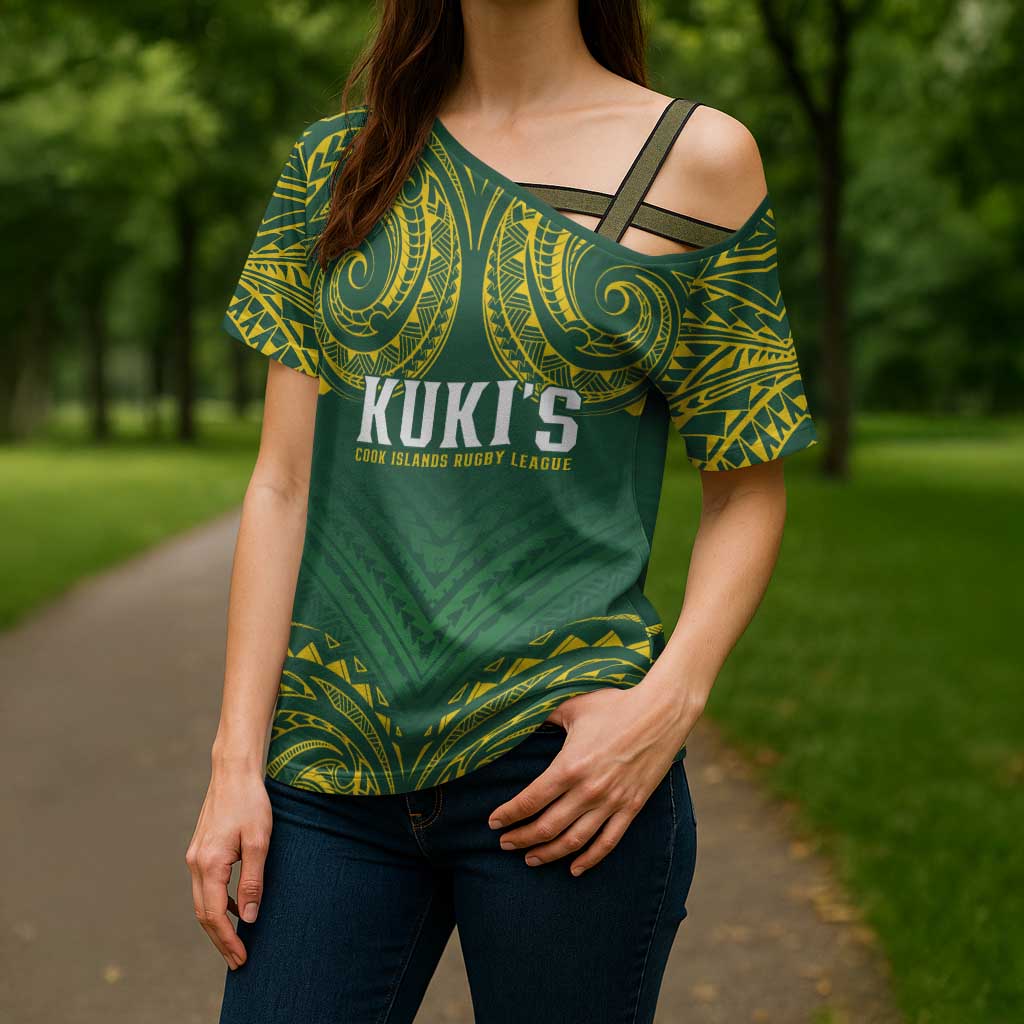 World Rugby Cook Islands Cross Shoulder Shirt Green Polynesian Tribal Pattern - Polynesian Pride