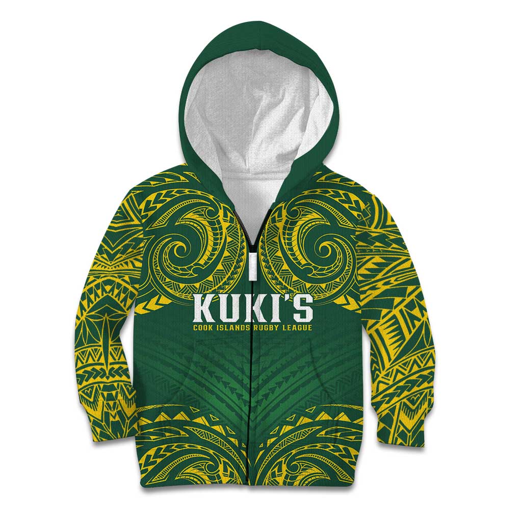 World Rugby Cook Islands Kid Hoodie Green Polynesian Tribal Pattern - Polynesian Pride