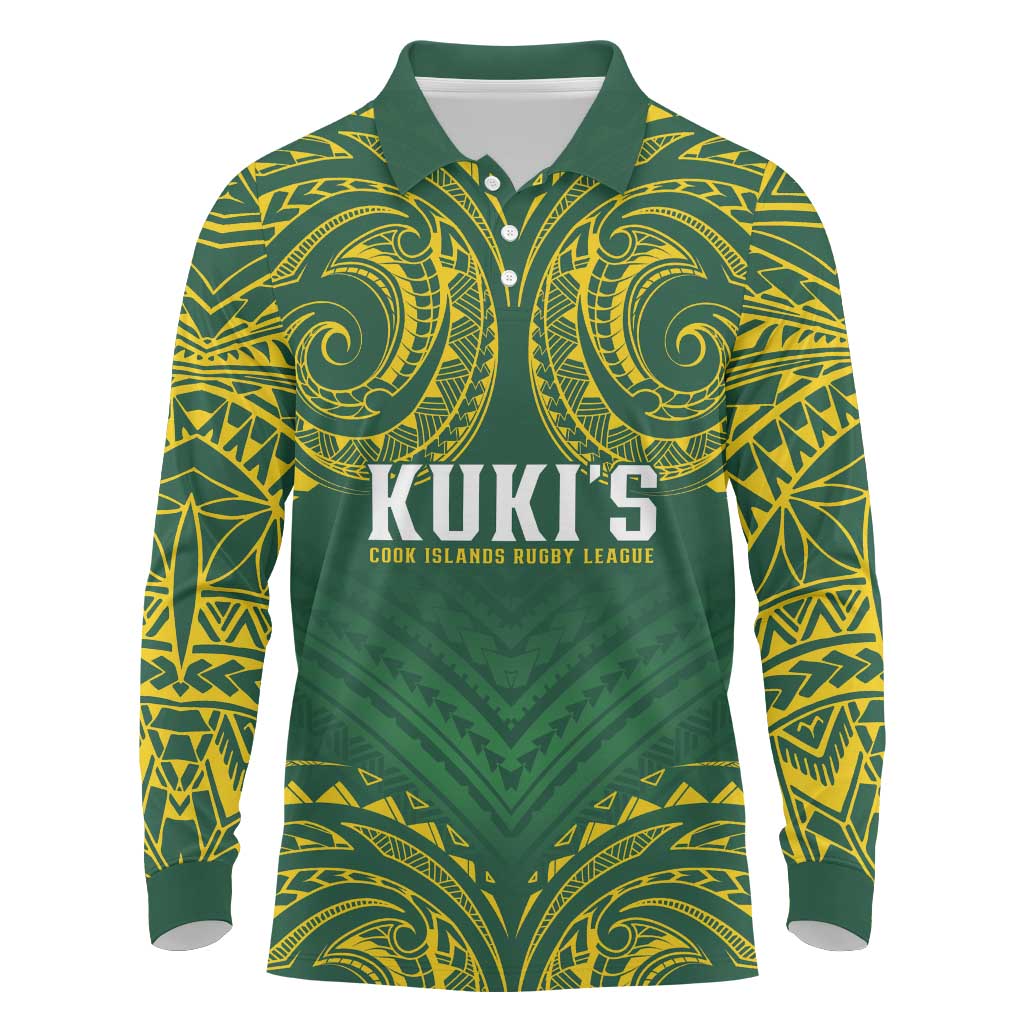 World Rugby Cook Islands Long Sleeve Polo Shirt Green Polynesian Tribal Pattern - Polynesian Pride