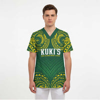 World Rugby Cook Islands Scrub Top Green Polynesian Tribal Pattern - Polynesian Pride