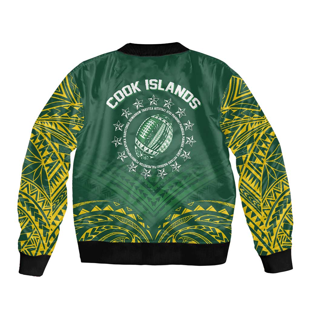 World Rugby Cook Islands Sleeve Zip Bomber Jacket Green Polynesian Tribal Pattern - Polynesian Pride