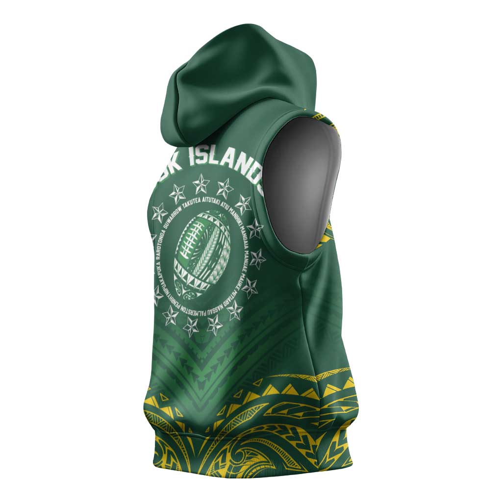 World Rugby Cook Islands Sleeveless Hoodie Green Polynesian Tribal Pattern - Polynesian Pride