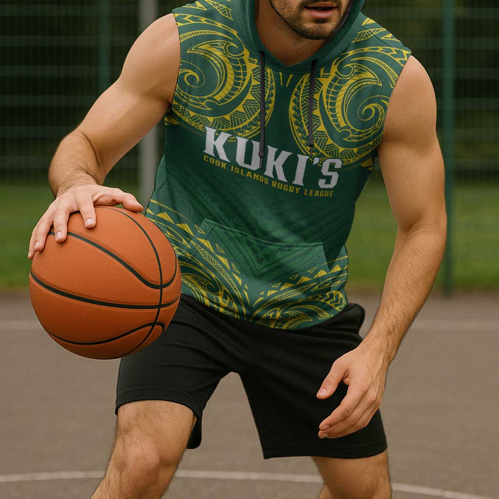 World Rugby Cook Islands Sleeveless Hoodie Green Polynesian Tribal Pattern - Polynesian Pride