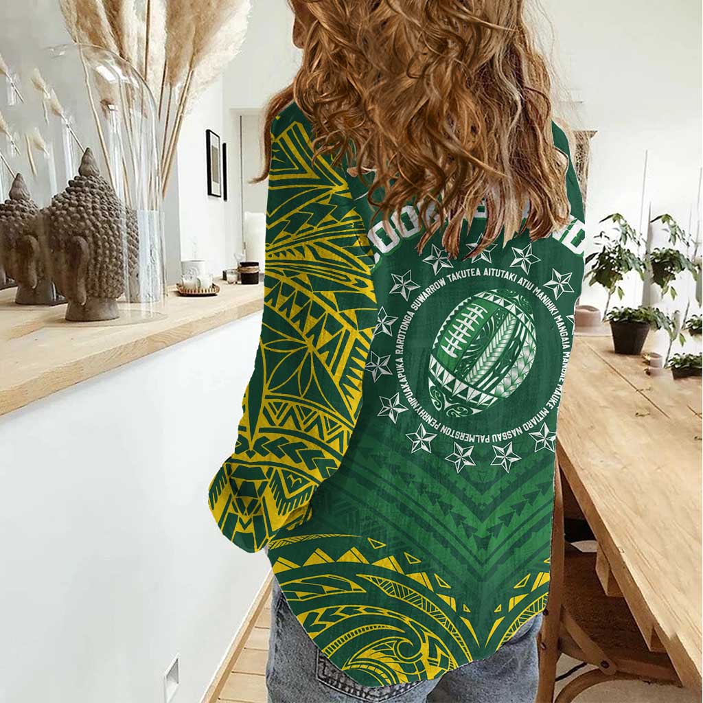World Rugby Cook Islands Women Casual Shirt Green Polynesian Tribal Pattern - Polynesian Pride