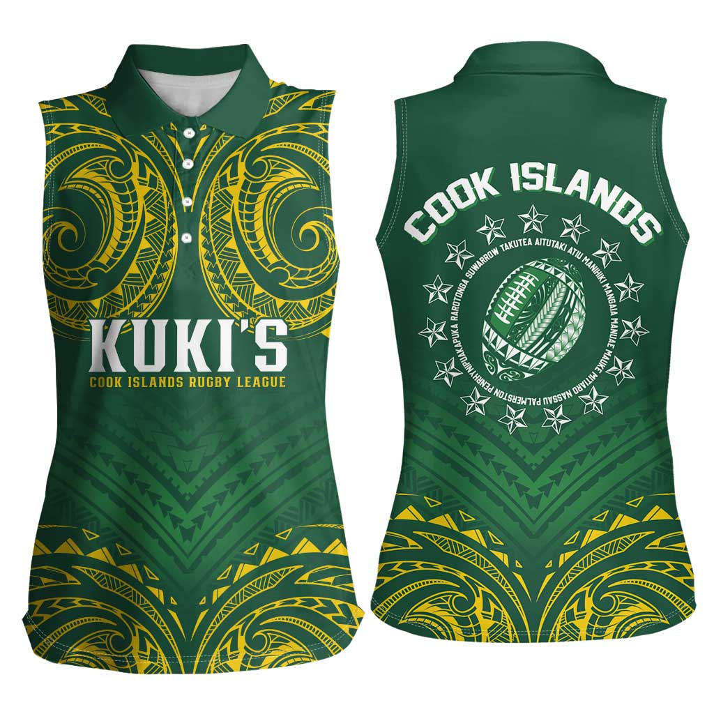 World Rugby Cook Islands Women Sleeveless Polo Shirt Green Polynesian Tribal Pattern - Polynesian Pride