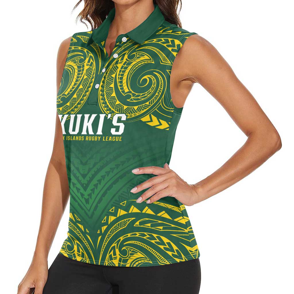 World Rugby Cook Islands Women Sleeveless Polo Shirt Green Polynesian Tribal Pattern - Polynesian Pride