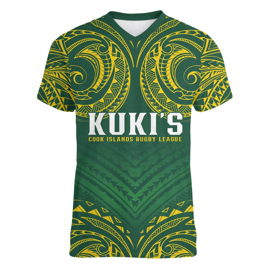 World Rugby Cook Islands Women V-Neck T-Shirt Green Polynesian Tribal Pattern - Polynesian Pride