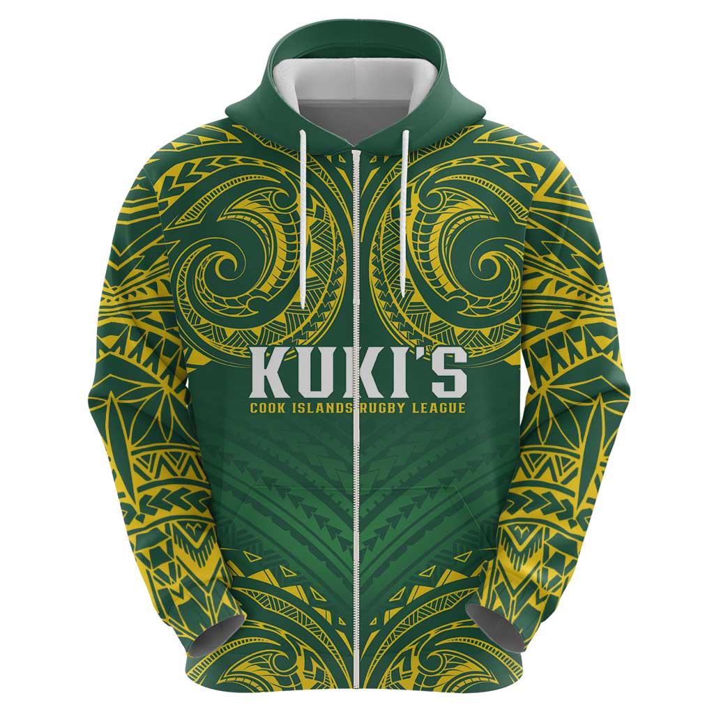 World Rugby Cook Islands Zip Hoodie Green Polynesian Tribal Pattern - Polynesian Pride