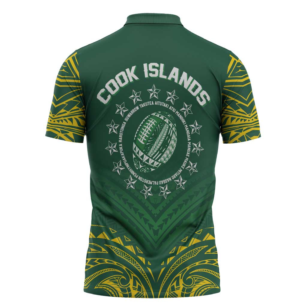 World Rugby Cook Islands Zipper Polo Shirt Green Polynesian Tribal Pattern - Polynesian Pride