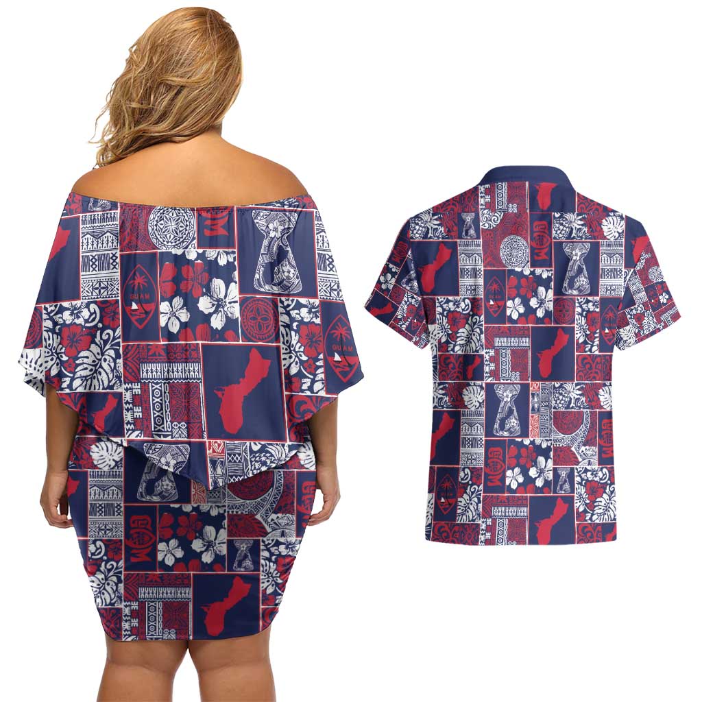 Guam Felis Pasgua Couples Matching Off Shoulder Short Dress and Hawaiian Shirt Pacific Patchwork Xmas Vibes - Polynesian Pride