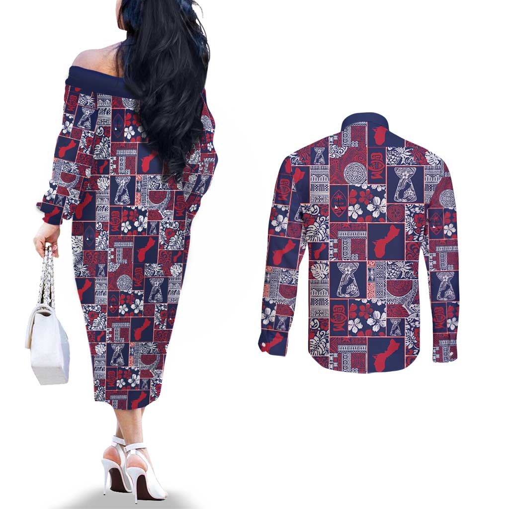 Guam Felis Pasgua Couples Matching Off The Shoulder Long Sleeve Dress and Long Sleeve Button Shirt Pacific Patchwork Xmas Vibes - Polynesian Pride