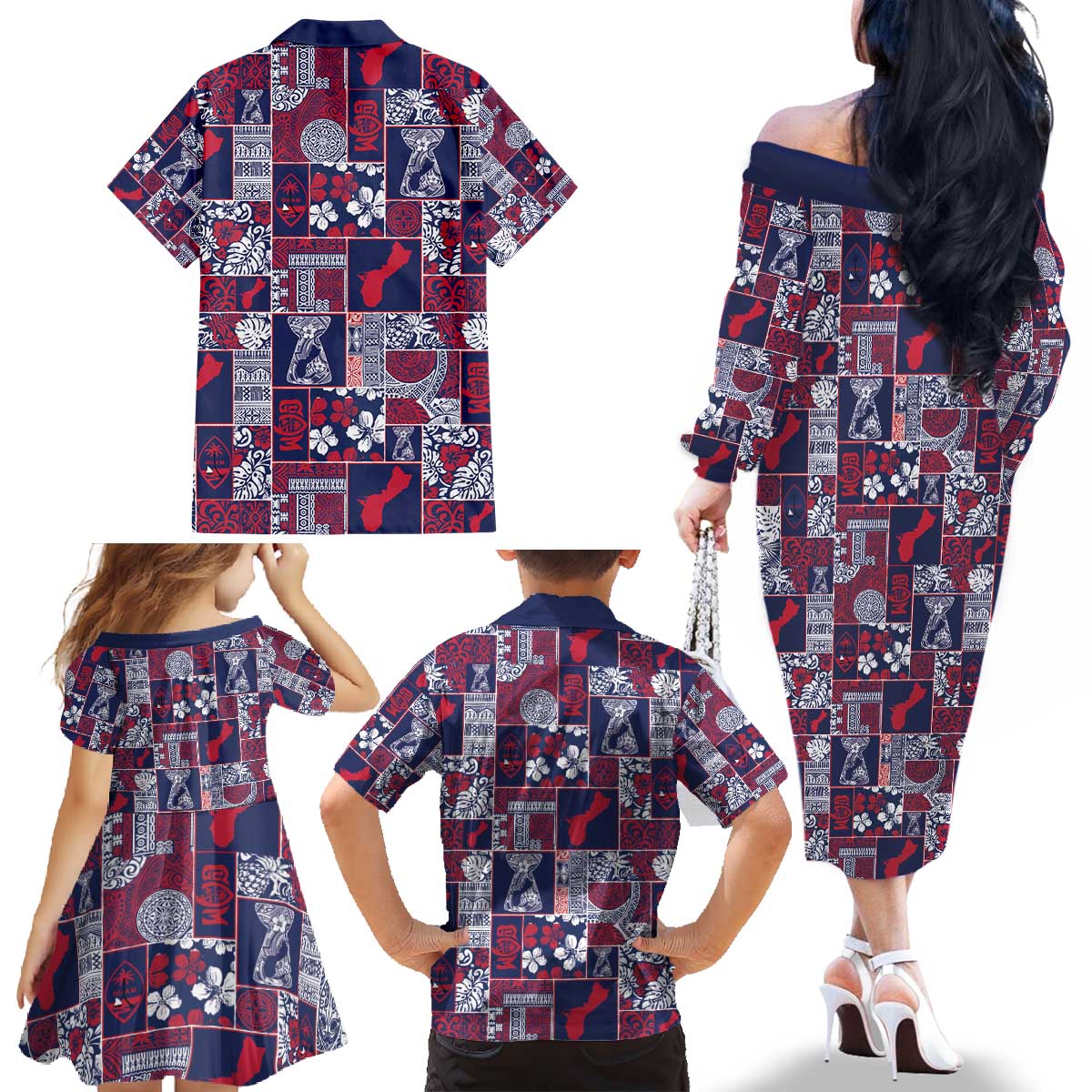 Guam Felis Pasgua Family Matching Off The Shoulder Long Sleeve Dress and Hawaiian Shirt Pacific Patchwork Xmas Vibes - Polynesian Pride