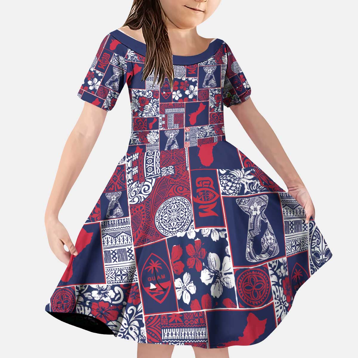 Guam Felis Pasgua Kid Short Sleeve Dress Pacific Patchwork Xmas Vibes - Polynesian Pride