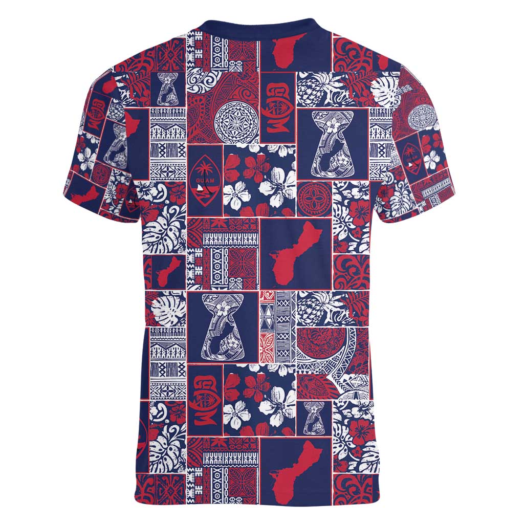 Guam Felis Pasgua Women V-Neck T-Shirt Pacific Patchwork Xmas Vibes - Polynesian Pride