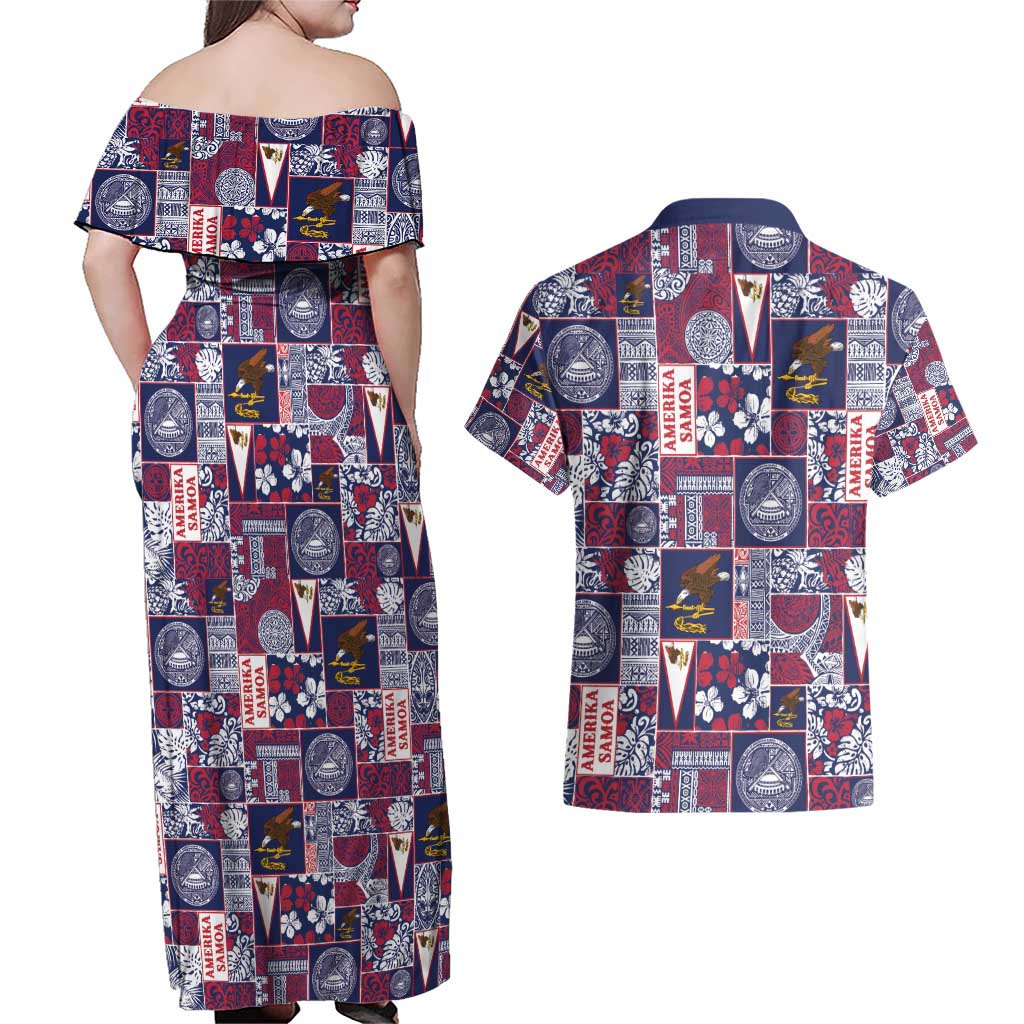 Manuia le Kerisimasi American Samoa Couples Matching Off Shoulder Maxi Dress and Hawaiian Shirt Pacific Patchwork Xmas Vibes - Polynesian Pride