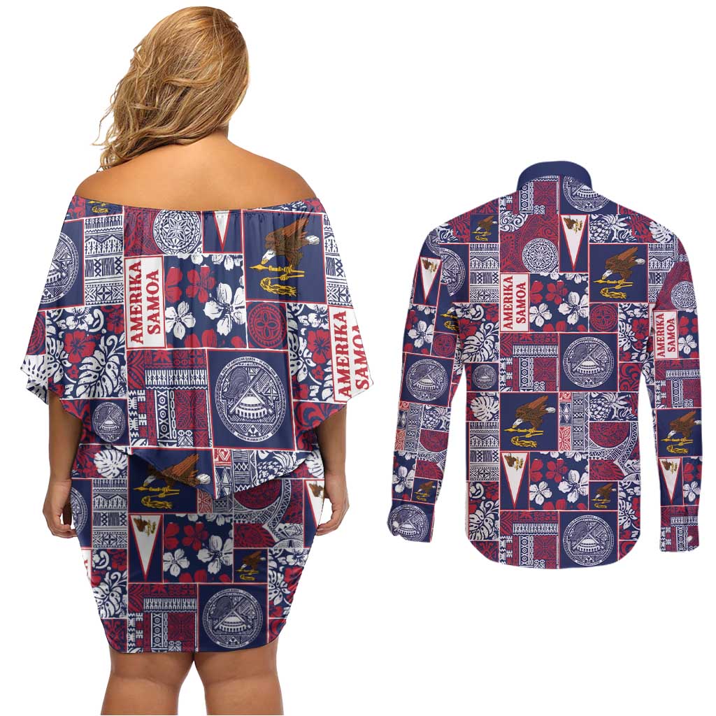 Manuia le Kerisimasi American Samoa Couples Matching Off Shoulder Short Dress and Long Sleeve Button Shirt Pacific Patchwork Xmas Vibes - Polynesian Pride