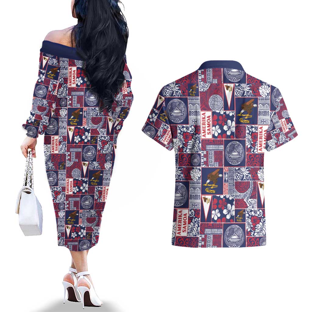 Manuia le Kerisimasi American Samoa Couples Matching Off The Shoulder Long Sleeve Dress and Hawaiian Shirt Pacific Patchwork Xmas Vibes - Polynesian Pride