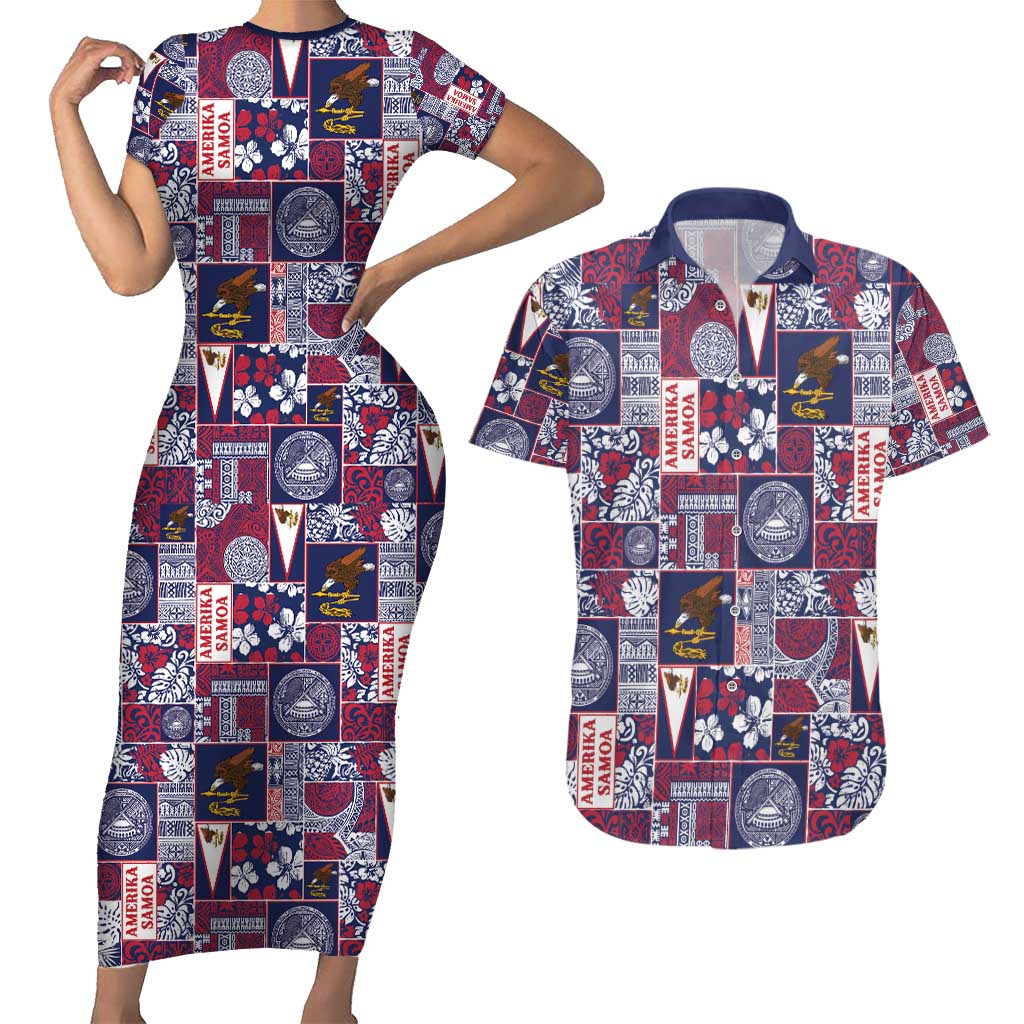 Manuia le Kerisimasi American Samoa Couples Matching Short Sleeve Bodycon Dress and Hawaiian Shirt Pacific Patchwork Xmas Vibes - Polynesian Pride