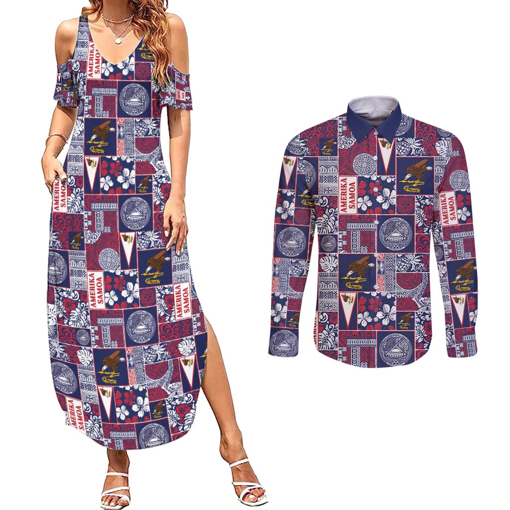 Manuia le Kerisimasi American Samoa Couples Matching Summer Maxi Dress and Long Sleeve Button Shirt Pacific Patchwork Xmas Vibes - Polynesian Pride