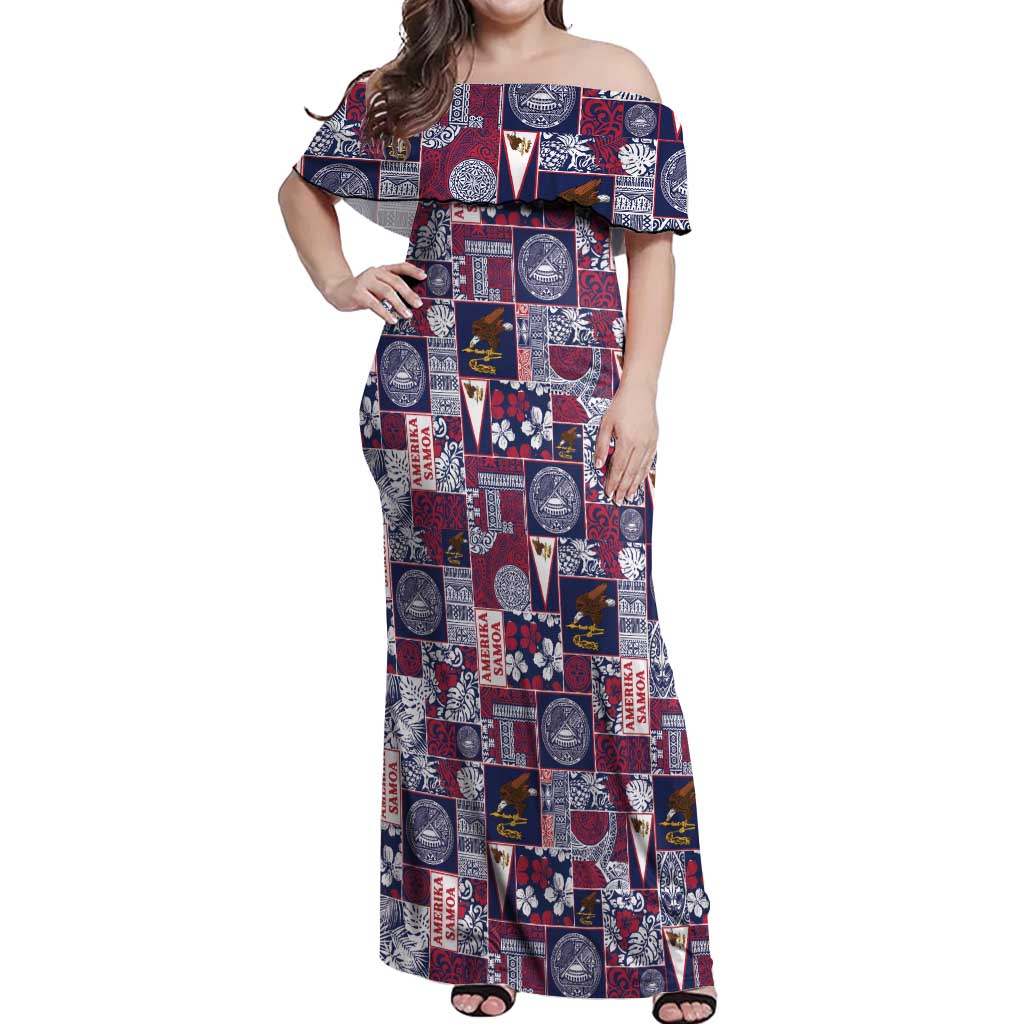 Manuia le Kerisimasi American Samoa Off Shoulder Maxi Dress Pacific Patchwork Xmas Vibes - Polynesian Pride