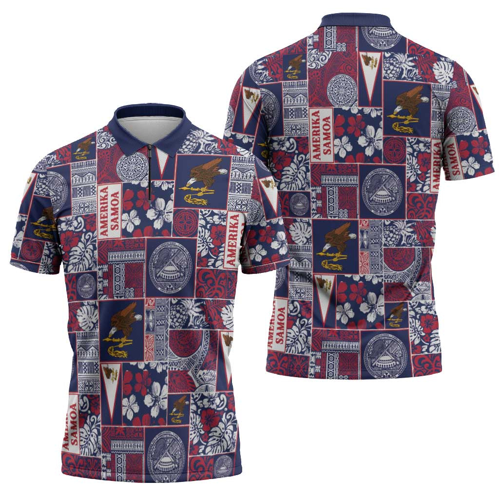 Manuia le Kerisimasi American Samoa Zipper Polo Shirt Pacific Patchwork Xmas Vibes - Polynesian Pride