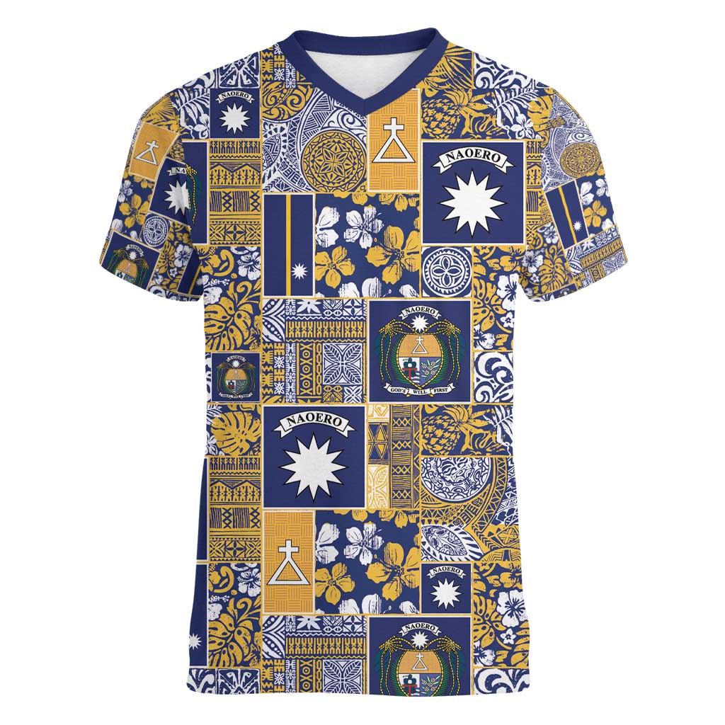 Ekamawir omo Nauru Women V-Neck T-Shirt Pacific Patchwork Xmas Vibes - Polynesian Pride