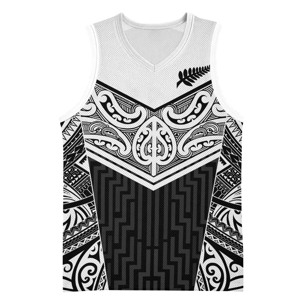 New Zealand Black Fern Custom Basketball Jersey Maori Tukutuku Black-white Motif - Polynesian Pride